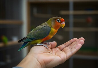 사람 손 위에 앉아 있는 모란앵무새 교감 장면