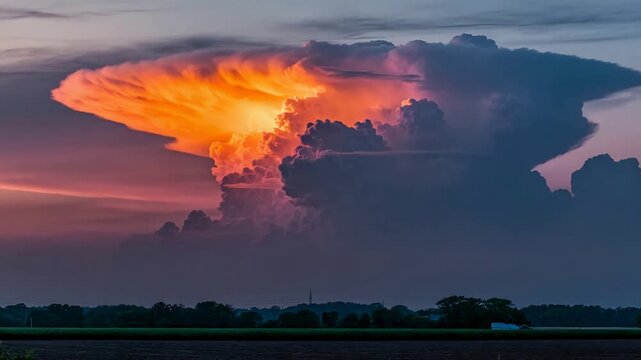 Spectacular Thunderhead Cloud Glowing with Fiery Orange and Red at Sunset Over Rural Landscape.