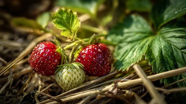 Fresh Ripe and Unripe Strawberries Growing Naturally on a Sunny Farm Patch.