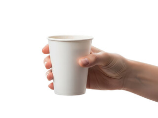 Hand holding a disposable coffee cup isolated on transparent background