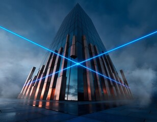 Fototapeta premium Futuristic building with laser beams and cloudy sky