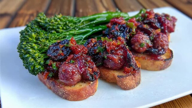Delicious Gourmet Appetizers with Toasted Bread, Rich Topping, and Fresh Green Vegetables on a Plate.