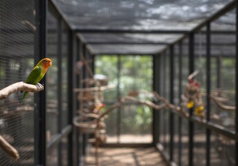 깨끗한 앵무새 사육장에서 쉬고 있는 모란앵무새들