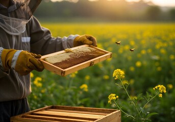 노을빛 들판에서 벌집을 관리하는 양봉 작업 실사 이미지