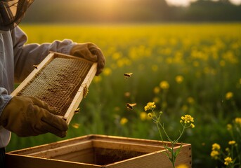노을빛 들판에서 벌집을 관리하는 양봉 작업 실사 이미지