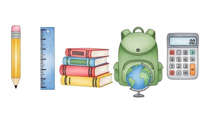 School Supplies Illustration - Pencil, Ruler, Books, Backpack, and Calculator.
