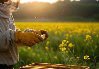 노을빛 들판에서 벌집을 관리하는 양봉 작업 실사 이미지
