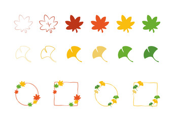 シンプルな紅葉と銀杏のアイコンとフレームセットイラスト