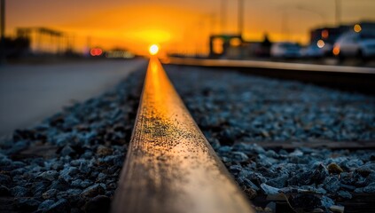 Railroad tracks at sunset with orange sky and distant cars.