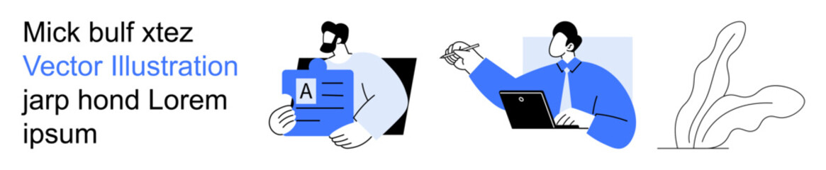 Business planning, creative work, digital tools, teamwork, communication, organization. Two professionals with a file and a laptop. Business planning and creative work in a modern design