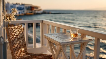 ouzo. Aegean Sea balcony at sunset with ouzo glass reflecting the golden hour light. inspiring travel planning, bar promotions, designed for food & beverage menus and cafe branding.