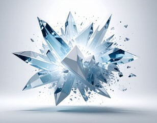 Abstract Shattered Blue Crystal Explosion on Light Background with Debris