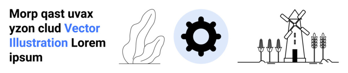Education, innovation, sustainability, agricultural processes, technology, eco-concepts. Abstract nature shapes, gear icon windmill scene with crops. Innovation and sustainability