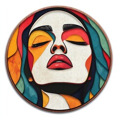 Abstract circular artwork of a woman's serene face, vibrant colors