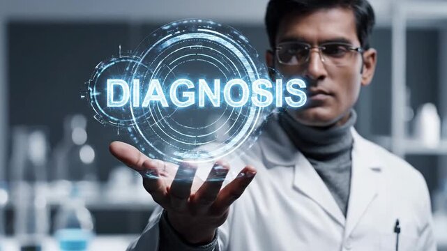 Male scientist with futuristic medical interface.