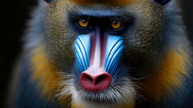Vibrant Mandrill Face Close up Displaying Its Unique Blue and Red Colorful Markings.