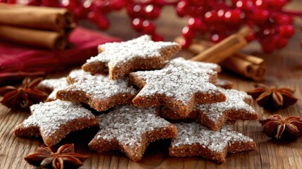 Fototapeta premium Star shaped cookies are dusted with sugar and garnished with cinnamon sticks and star anise.