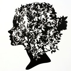Silhouette of a head composed entirely of intricate botanical elements