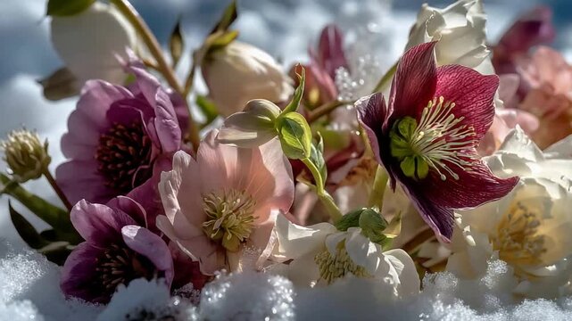Beautiful Colorful Hellebore Flowers Blooming Through Fresh White Snow in Winter Garden Close Up.