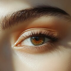 Close-up of a human eye showing iris detail, lashes, and brow