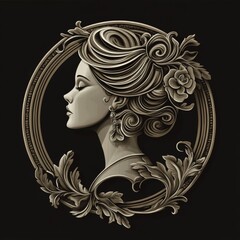 Ornate cameo profile of a woman framed by swirling patterns