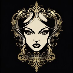 Ornate golden frame surrounds a woman's stylized face