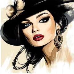 Elegant woman with dramatic makeup, hat, and jewelry