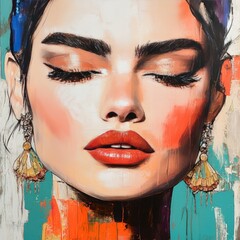 Vibrant portrait of a woman with closed eyes, bold makeup