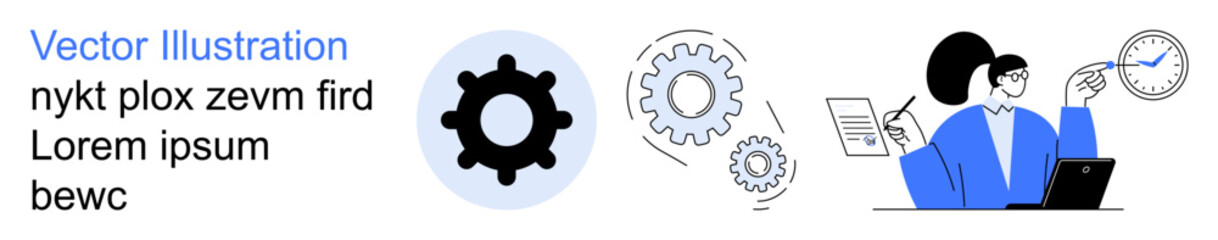 Project management, teamwork, process optimization, strategic planning, productivity, innovation. Gears, documents person with laptop analyzing data. Project management and teamwork concept