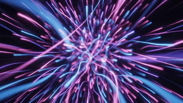 Swirling, bright tendrils of pink and blue light emanate from a central point on a dark background