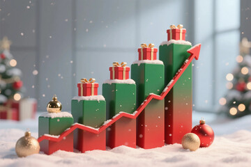 Festive Christmas-themed growth chart featuring stacked red and green bars topped with gift boxes, forming an upward trend arrow. Set in a snowy winter environment with decorated Christmas trees.