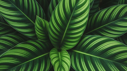 Intricate natural patterns akin to a carefully blended creation, these vibrant green tropical leaves showcase dynamic stripes and rich organic textures
