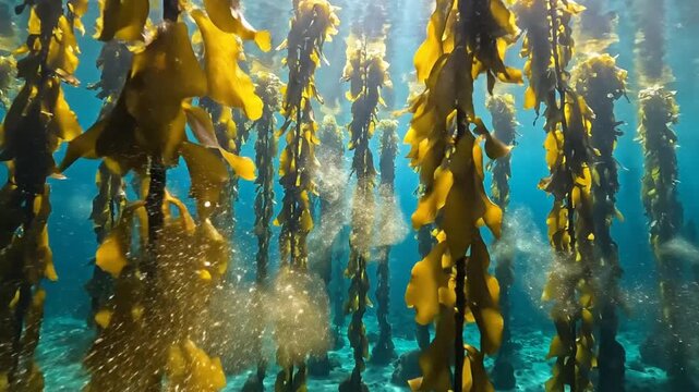 Underwater scene depicts a vibrant kelp forest with sunlight filtering through the water