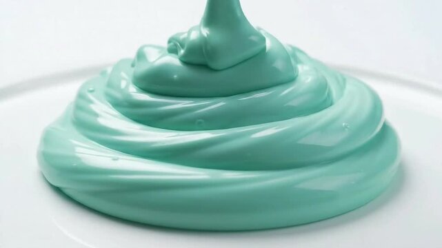 Thick Mint Green Slime Pouring and Swirling on White Plate with Soft Lighting