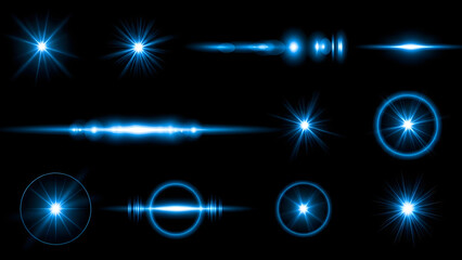 Abstract blue lens flare and light streak effects set