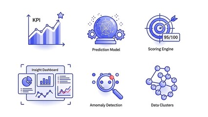 Data Science and Machine Learning Icons Set - KPI, Prediction, Scoring, Insight, Anomaly, Clusters.
