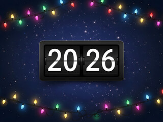Countdown to 2026 on a flip clock adorned with vibrant string lights on a starry night background
