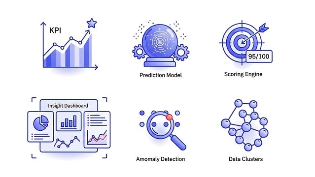 Data Science and Machine Learning Icons Set - KPI, Prediction, Scoring, Insight, Anomaly, Clusters. - Powered by Adobe