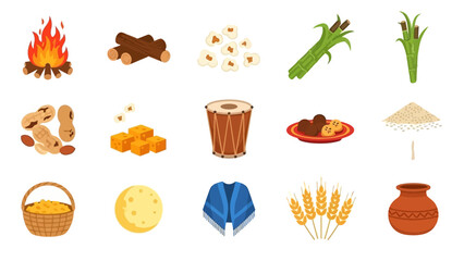 Collection of icons representing elements of an Indian harvest festival like Lohri or Makar Sankranti, including bonfire, food, and traditional items.