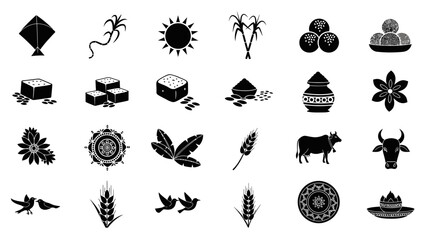A collection of black and white vector icons representing traditional symbols and elements of Indian harvest festivals and cultural celebrations.