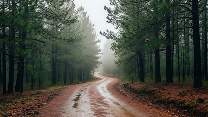 Fototapeta premium A winding dirt road through a misty pine forest, evoking a sense of adventure and peaceful solitude