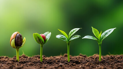 Capturing nature's cycle Four distinct stages of plant growth, from a germinating seed in fertile soil to a vibrant green seedling. Symbolizing life, development, and fresh starts