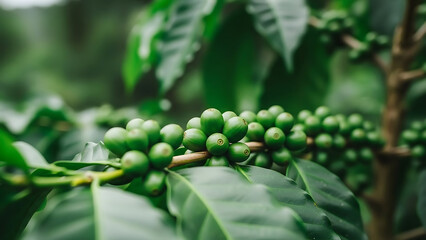 Close up of fresh green coffee berries growing on a branch in a lush tropical plantation