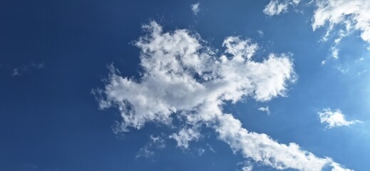 Beautiful blue sky with fluffy white clouds and copy space for background