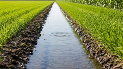 Fototapeta premium Water canal with lush green fields agricultural irrigation system