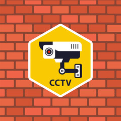 A sticker on a brick wall indicates video surveillance. Flat illustration.