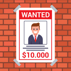 Wanted poster on a brick wall. Flat illustration.