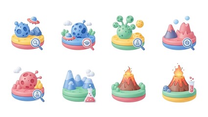 Whimsical Science Lab Icons with Planets and Volcanoes.