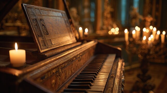 tenet. A historical palace music hall with an ancient harpsichord softly lit by candlelight, ornate details in warm golden tones. real-estate listings.
