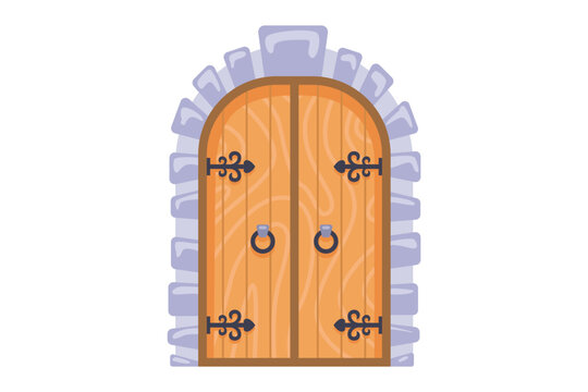 Antique wooden door in the Middle Ages. Flat illustration.